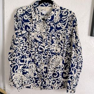 LUCY & LAUREL LINEN JACKET Blue and white 1X